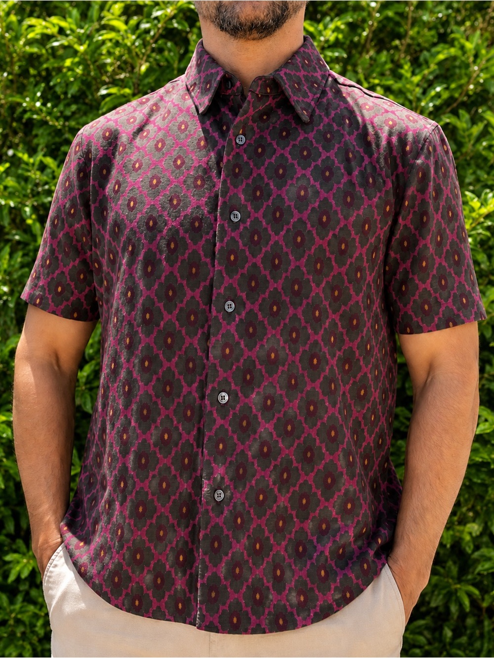 Mr. Turk short-sleeve button-down shirt in bold burgundy/pink geometric print🌴